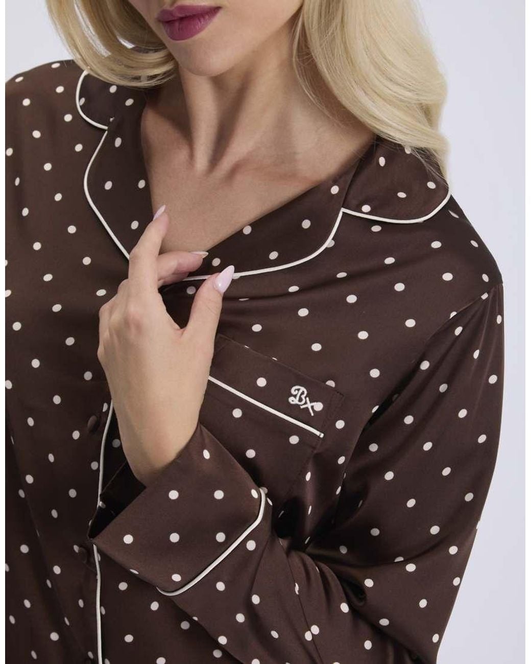 Boux Avenue Brown Polka Dot Satin Long Pyjama Set Top And Trousers Nightwear