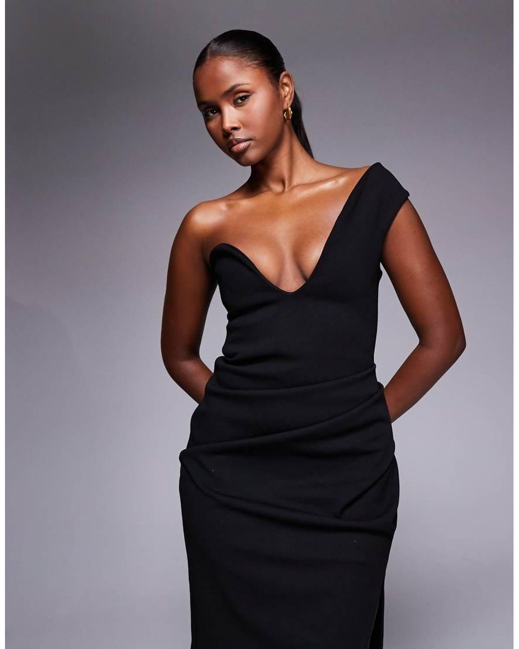 ASOS Black Crepe One Shoulder Gathered Midi Dress With Split