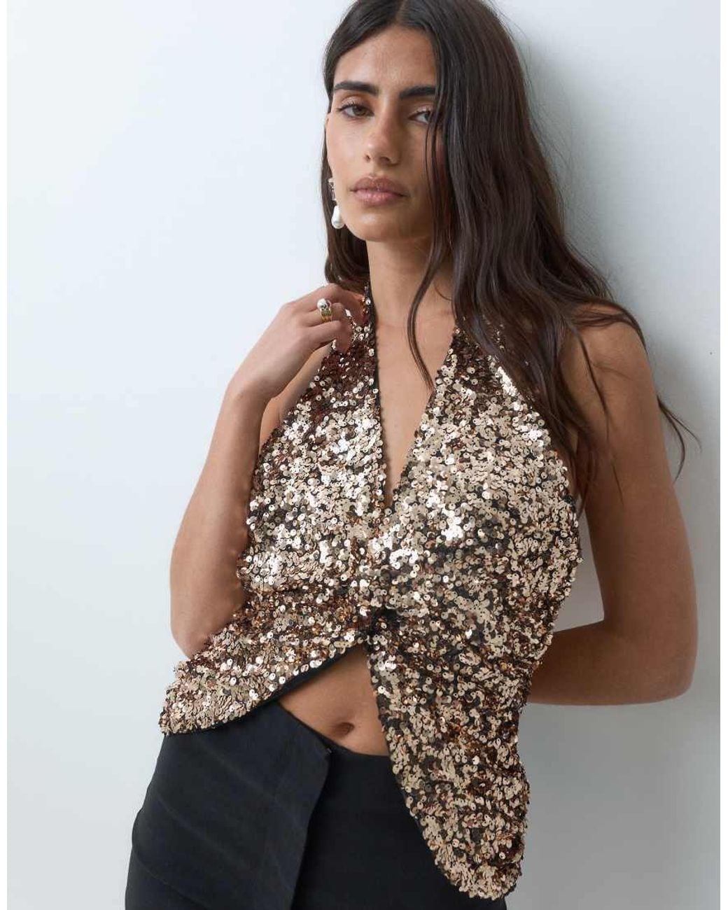 ASOS Multicolor Sequin Plunged Front Top