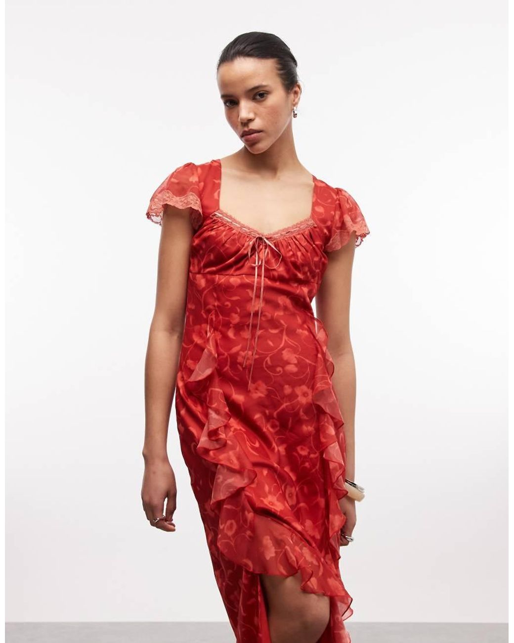 Reclaimed Vintage Red Maxi Dress With Godet Ruffles And Splits