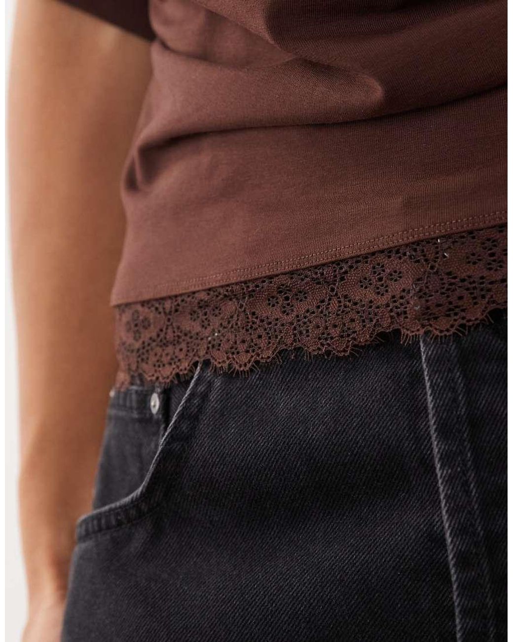 ASOS Brown Cinched Waist Draped Lace Trim Long Sleeve T-Shirt