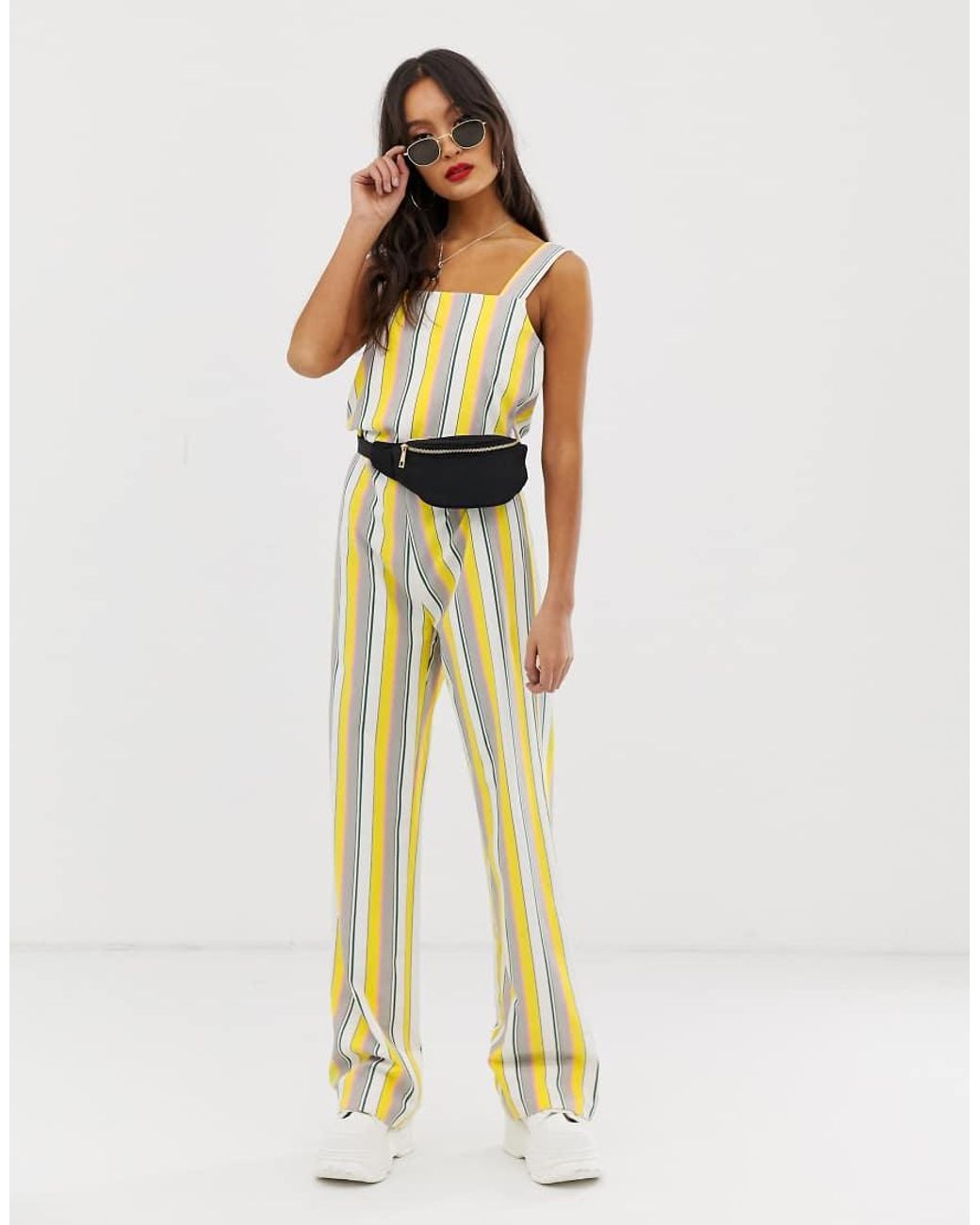 Noisy May Multicolor Bright Stripe Wide Leg Jumpsuit-white