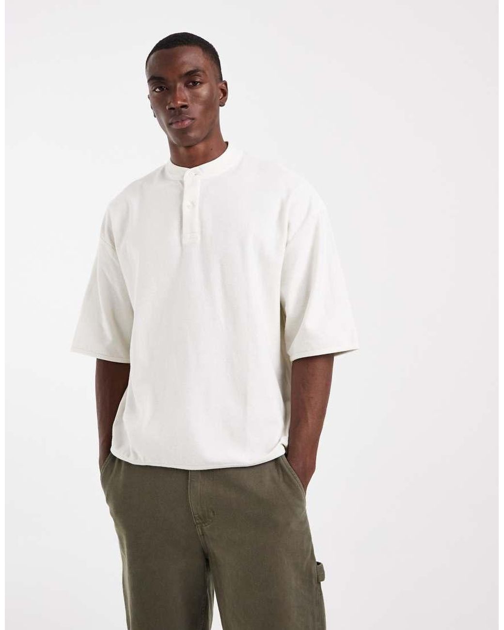 ASOS White Boxy Oversized T-shirt With Henley Neck And Elasticated Hem for men