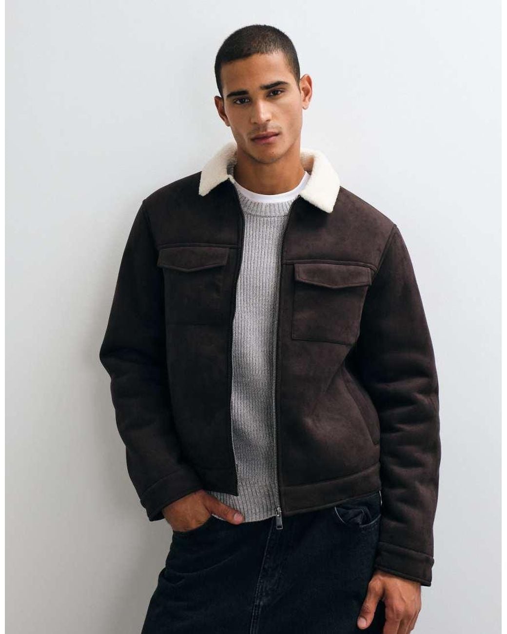 Threadbare Black Faux Suede Borg Lined Aviator Jacket for men