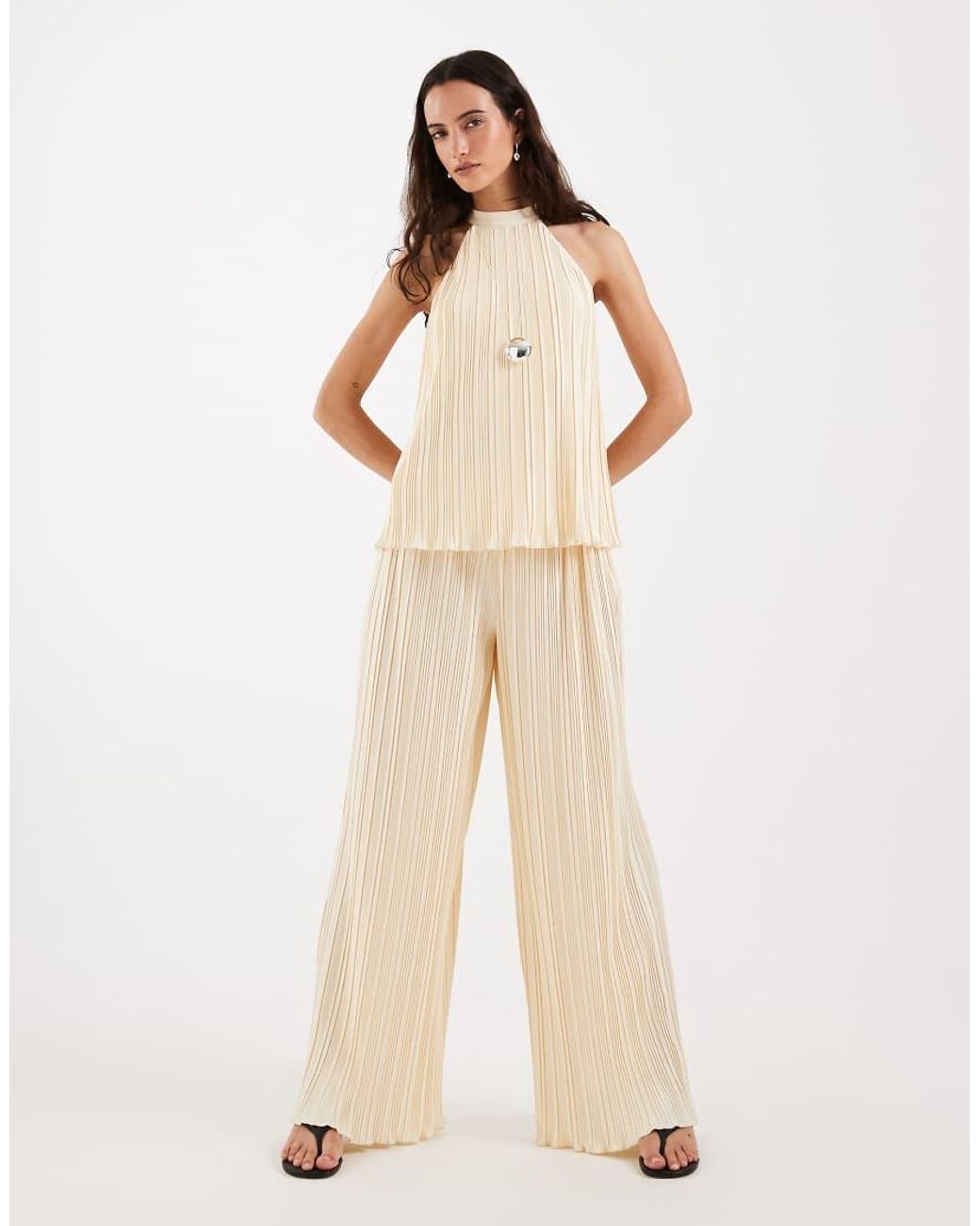 4th & Reckless Natural Plisse Halterneck Sleeveless Top Co-Ord