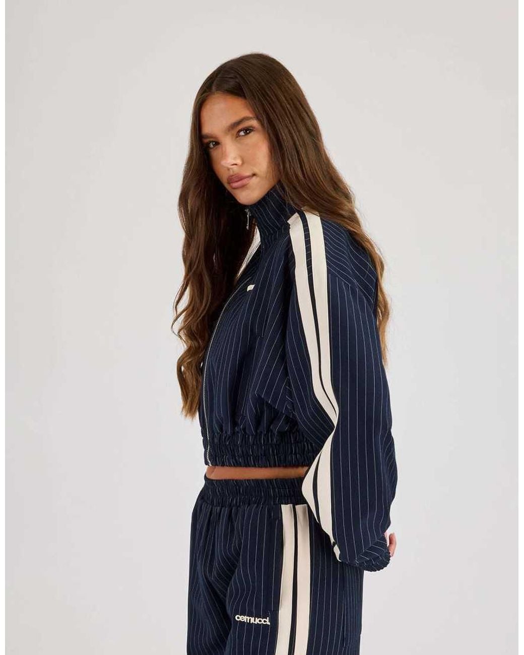 CERNUCCI Blue Pinstripe Taping Cropped Funnel Neck Jacket