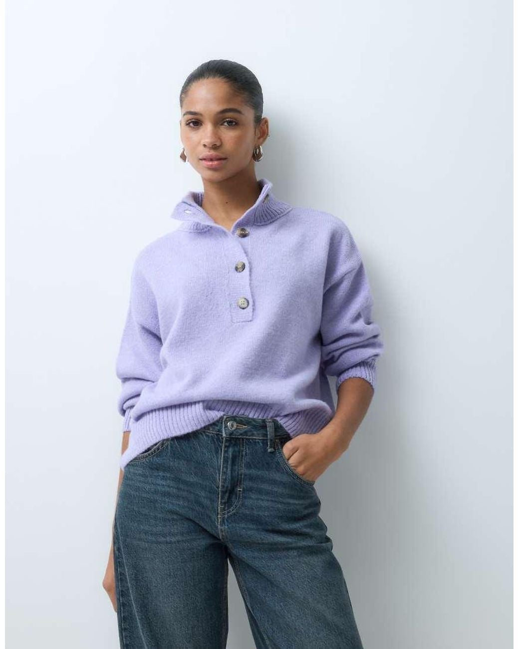 ASOS Purple Knitted 3/4 Button Up Funnel Neck Jumper