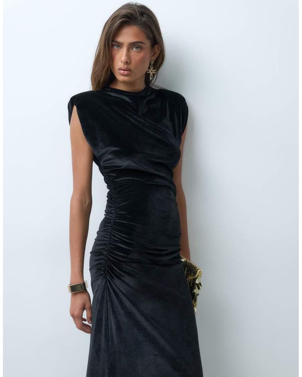 ASOS Blue Shoulder Pad Velvet Maxi Dress