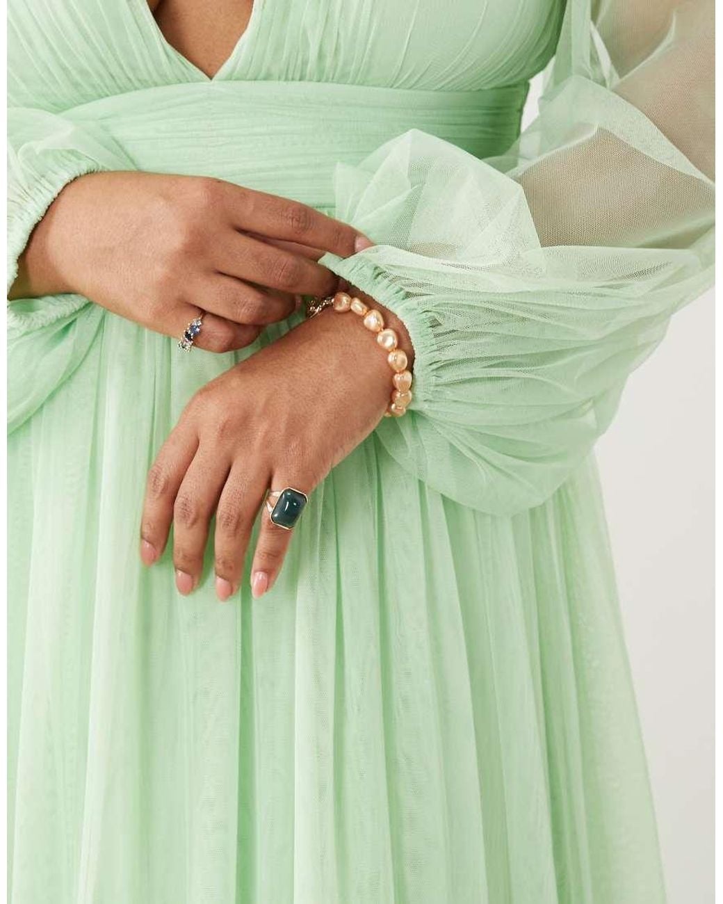 Lace & Beads Plus Green Bridesmaid Madison Smocked Plunge Neck Sheer Sleeve Maxi Dress