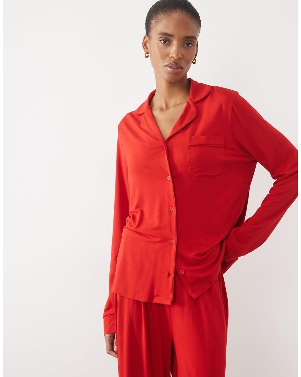 ASOS Red Asos Design Viscose Tall Super Soft Long Sleeve Shirt & Trouser Pyjama Set