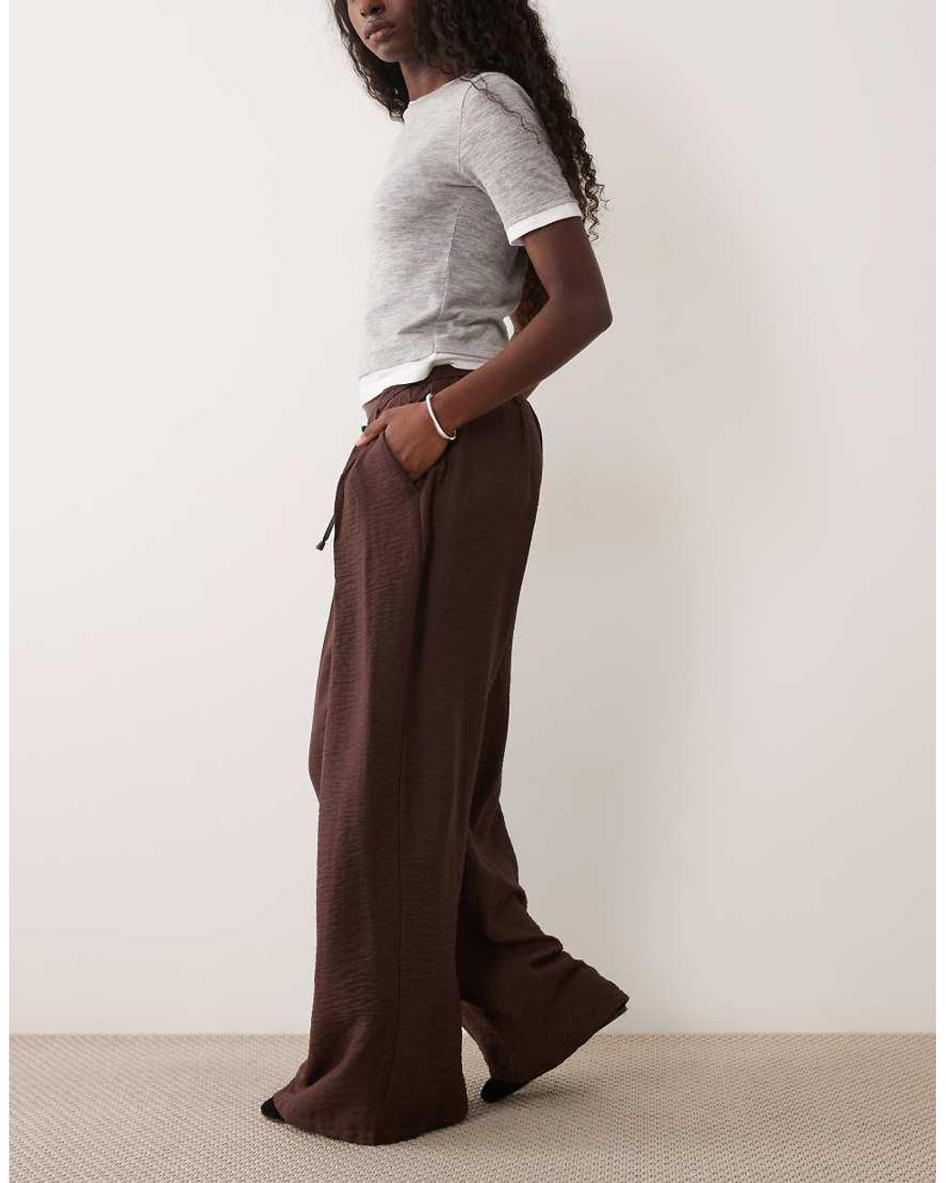 ASOS Brown Textured Wide Leg Trousers With Tie Waist