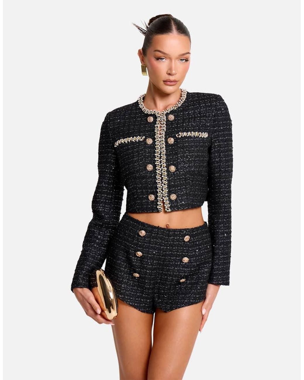 Public Desire Black Cropped Long Sleeve Boucle Button Detail Blazer