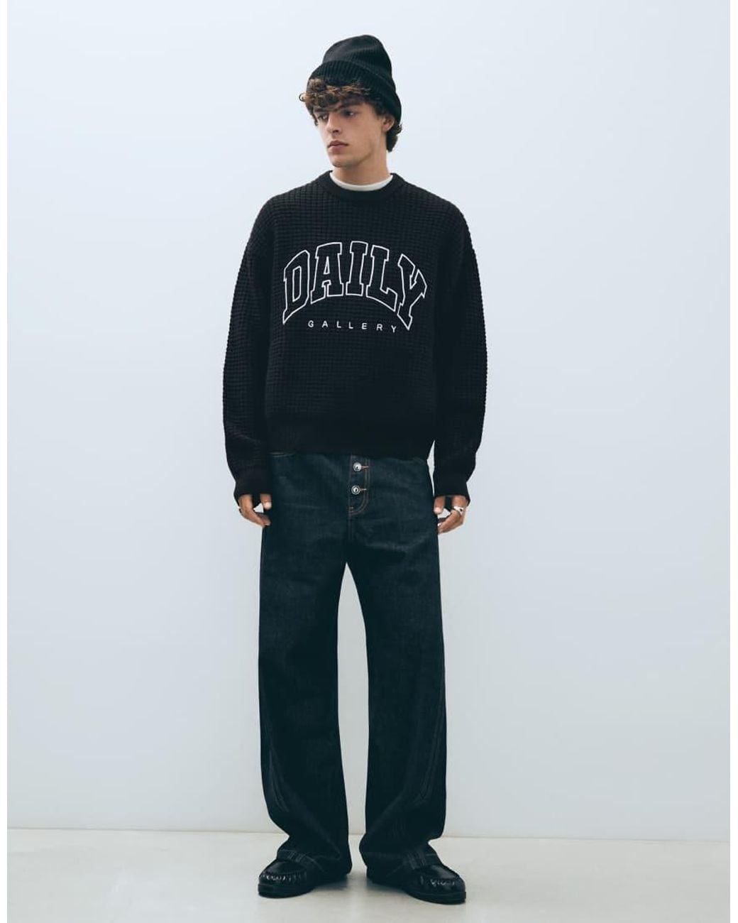 Bershka Blue Embroidered Waffle-Knit Jumper for men