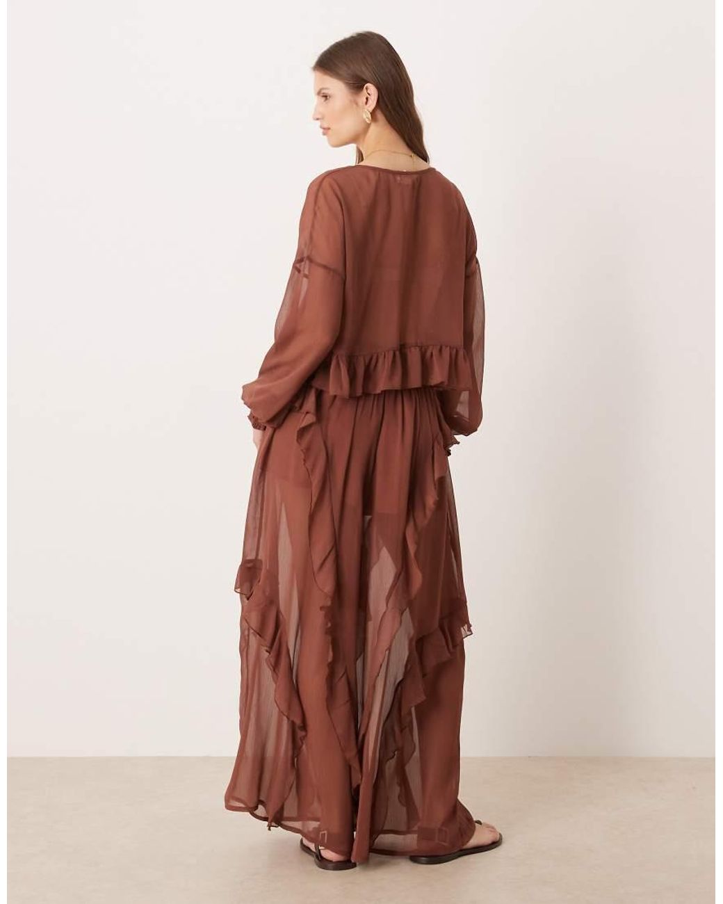 Glamorous Brown Boho Ruffle Detail Wide Leg Trousers