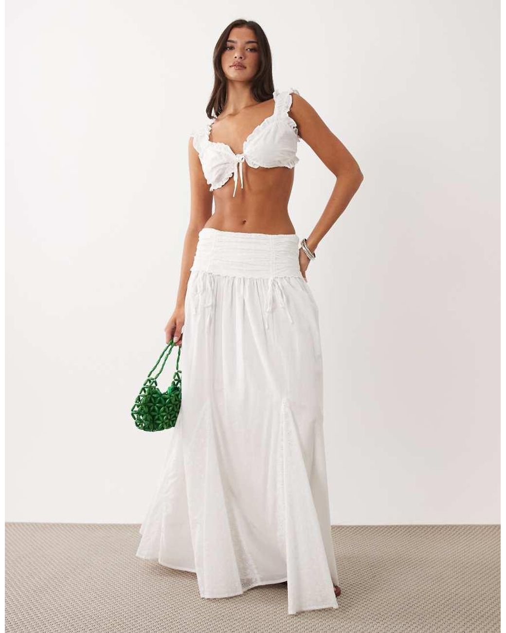 Wanderdoll White Emmy Cotton Broderie Foldover Waist Maxi Skirt Co-ord