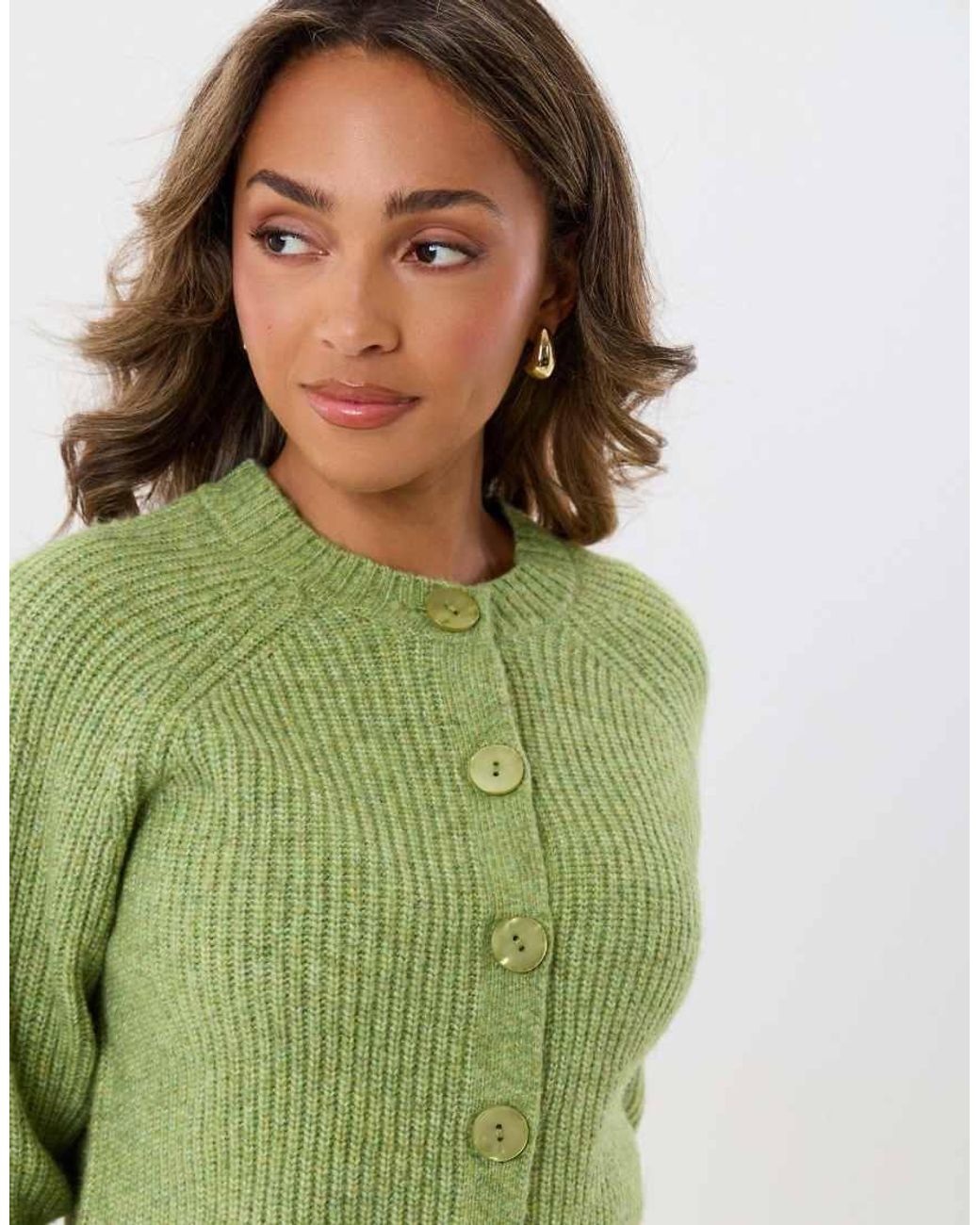 Threadbare Green Chunky Knit Crew Neck Cardigan
