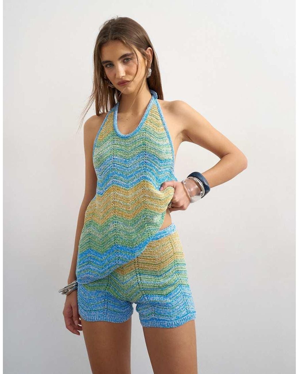 TOPSHOP Blue Knitted Stripe Shorts Co-ord