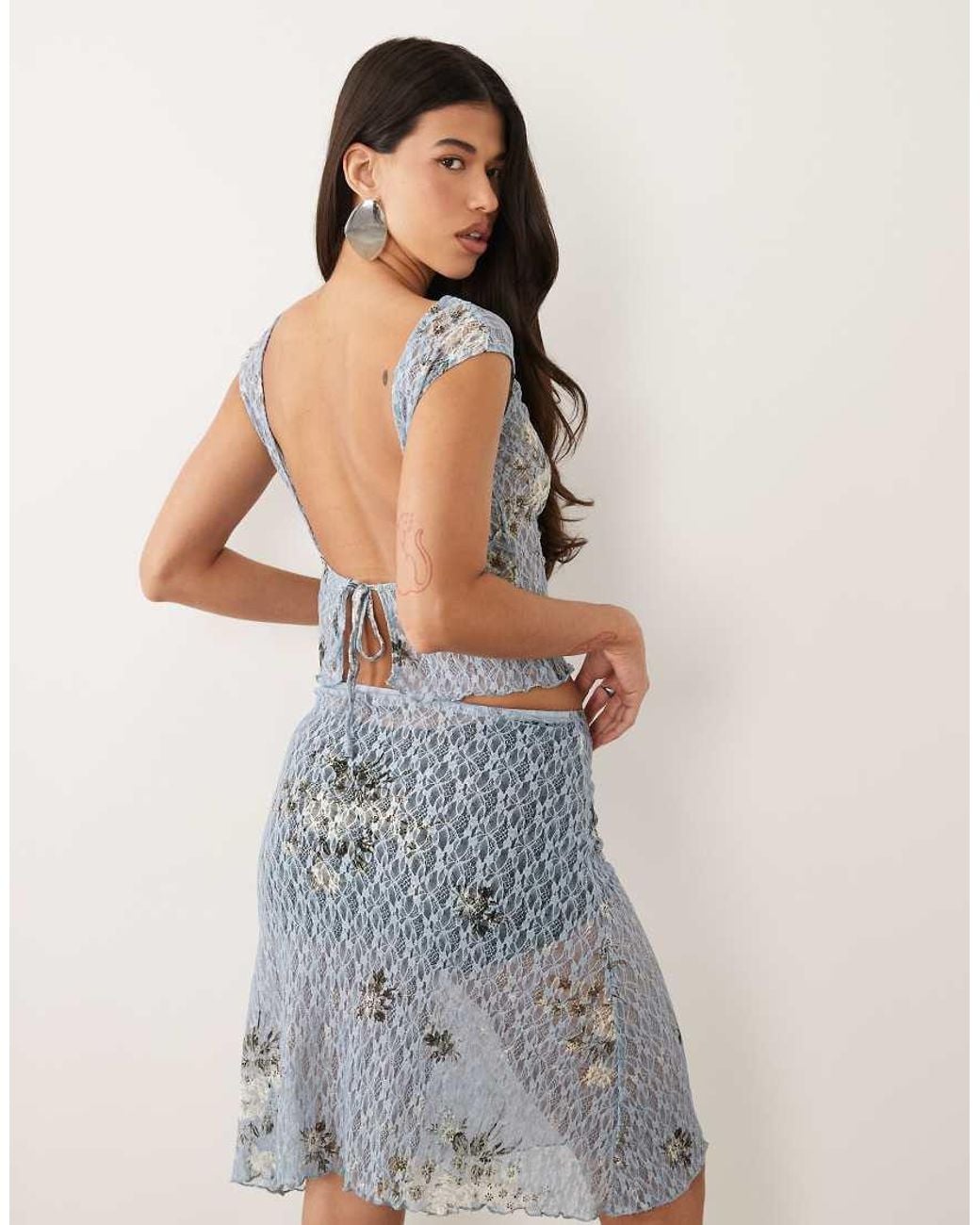 ASOS Blue Co-ord Printed Lace Cap Sleeve Open Back Top