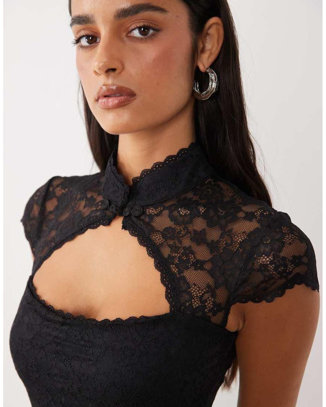 Oh Polly Black Sheer Lace Mandarin Collar Cap Sleeve Midi Dress