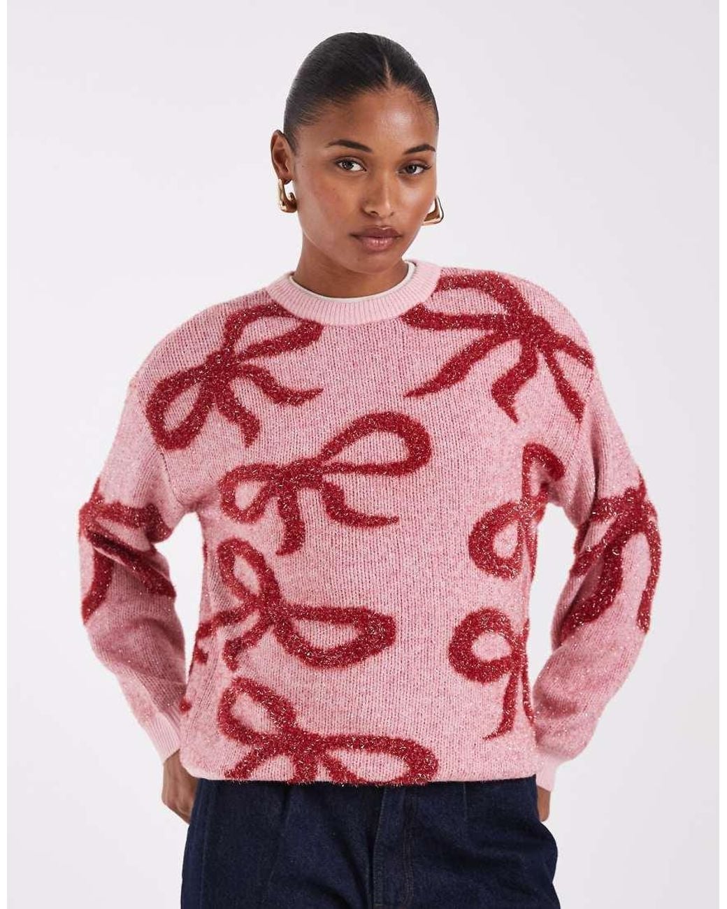Noisy May Pink Crew Neck Christmas Sweater With Bows
