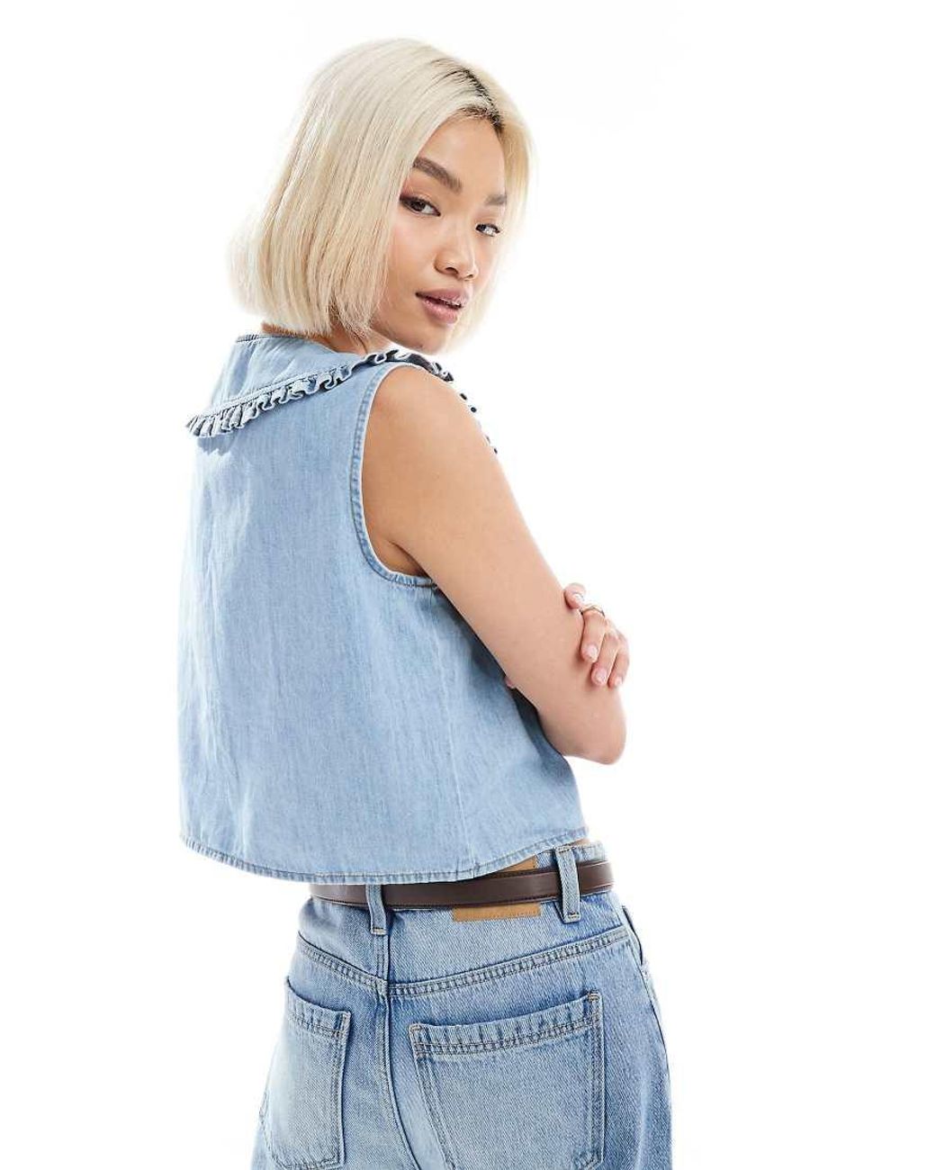 ASOS Blue Tie Front Denim Vest With Frilled Collar