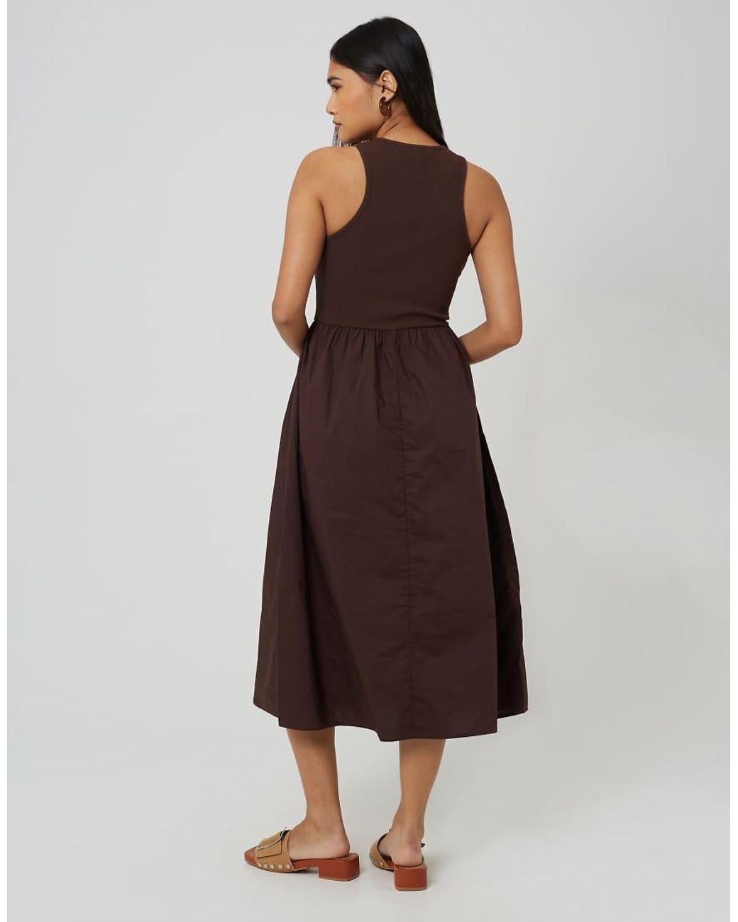 Brave Soul Brown Ribbed Jersey And Poplin Mix Midi Dress