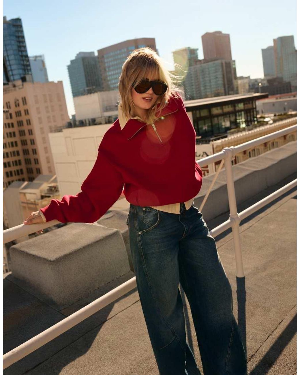 Bershka Red High Neck Zip-Up Sweatshirt