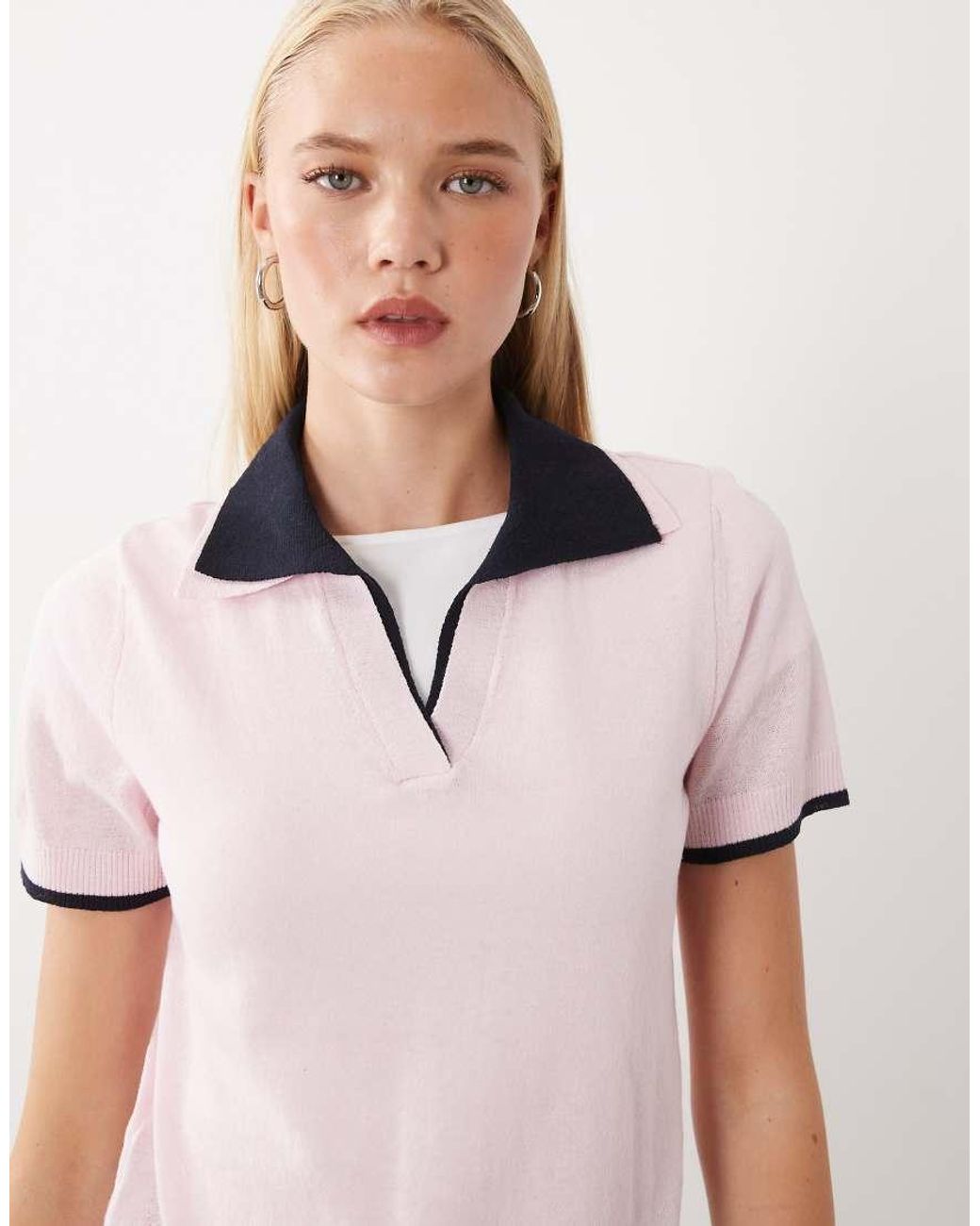 Mango Pink Knit Short Sleeve Polo Top With Contrast Trim