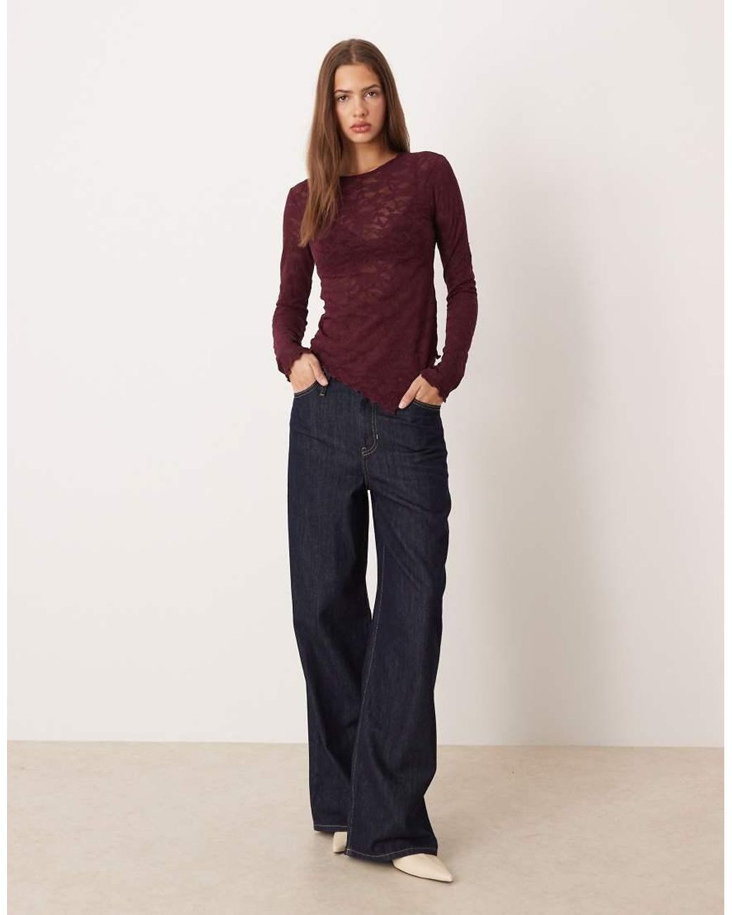 Gina Tricot Red Lace Asymmetric Long Sleeve Top