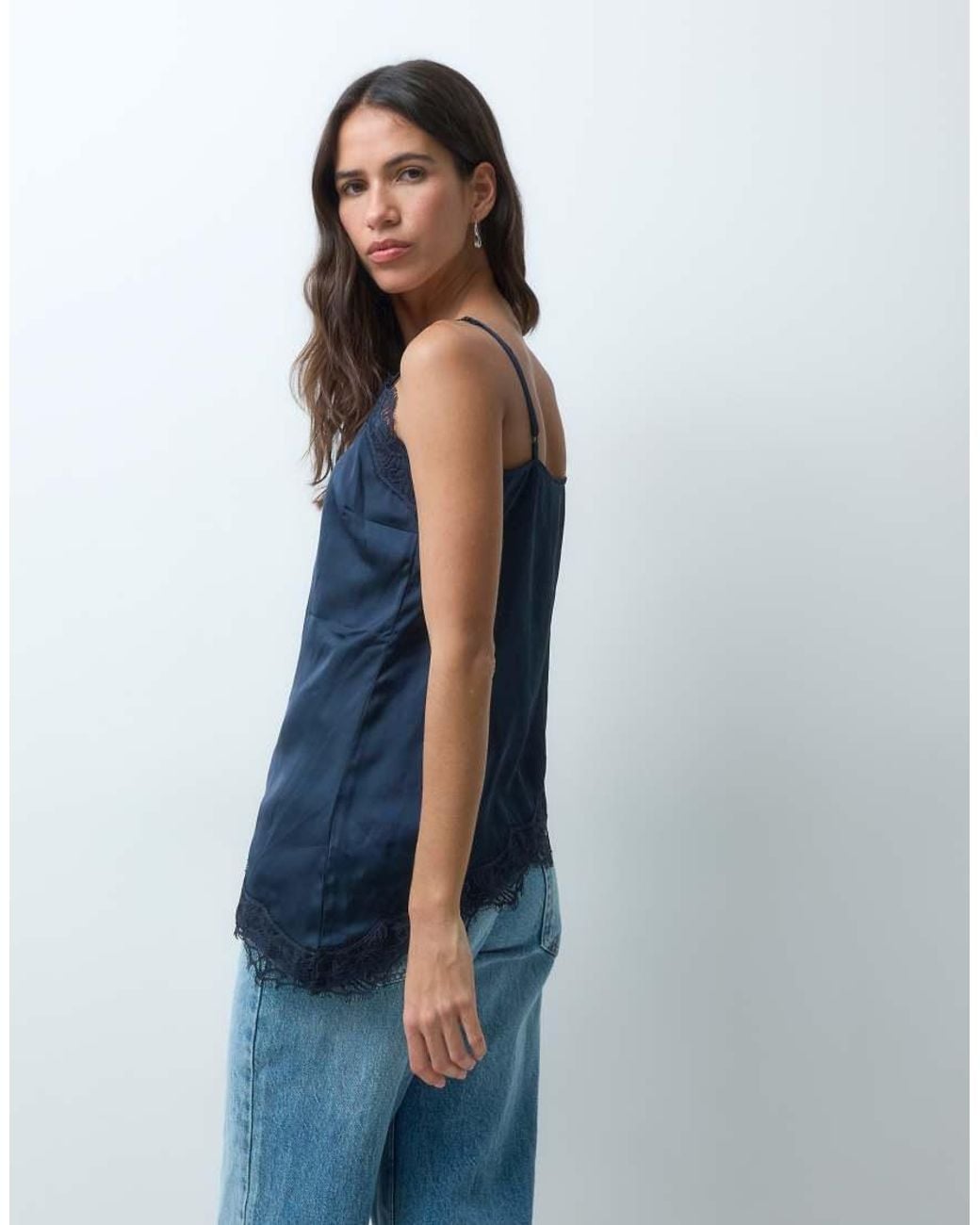 New Look Blue Longline Asymmetric Lace Trim Satin Cami Top