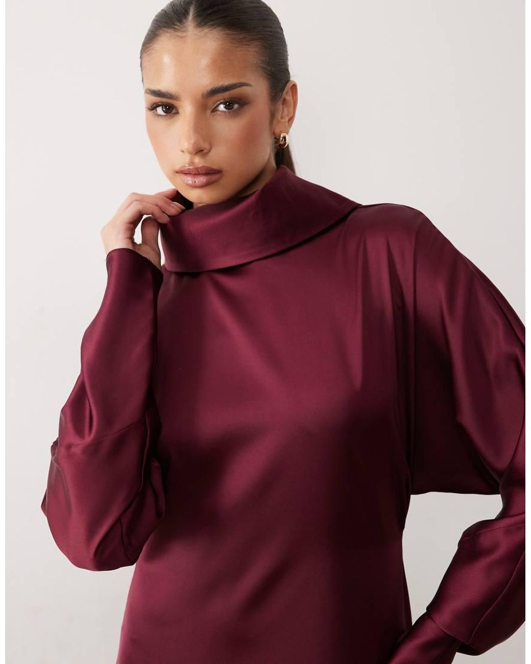 DASKA Red Satin Draped Cowl Neck Batwing Maxi Dress