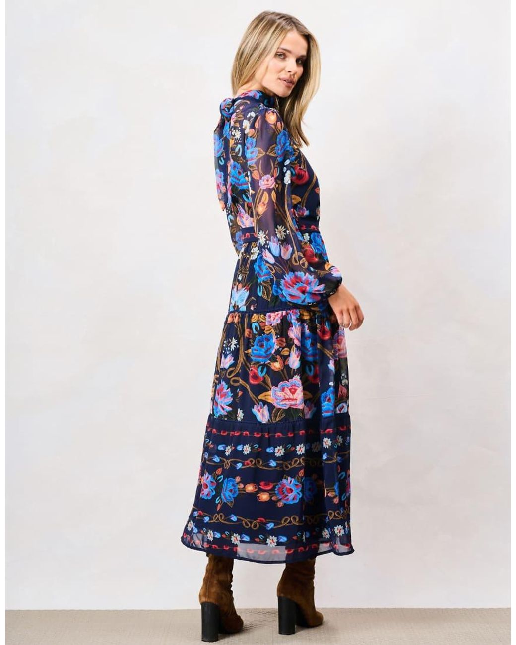 Hope & Ivy Blue Twila High Neck Blouson Sleeve Midi Dress With Belt
