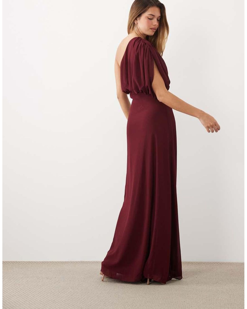TFNC London Red Chiffon One Shoulder Draped Maxi Dress