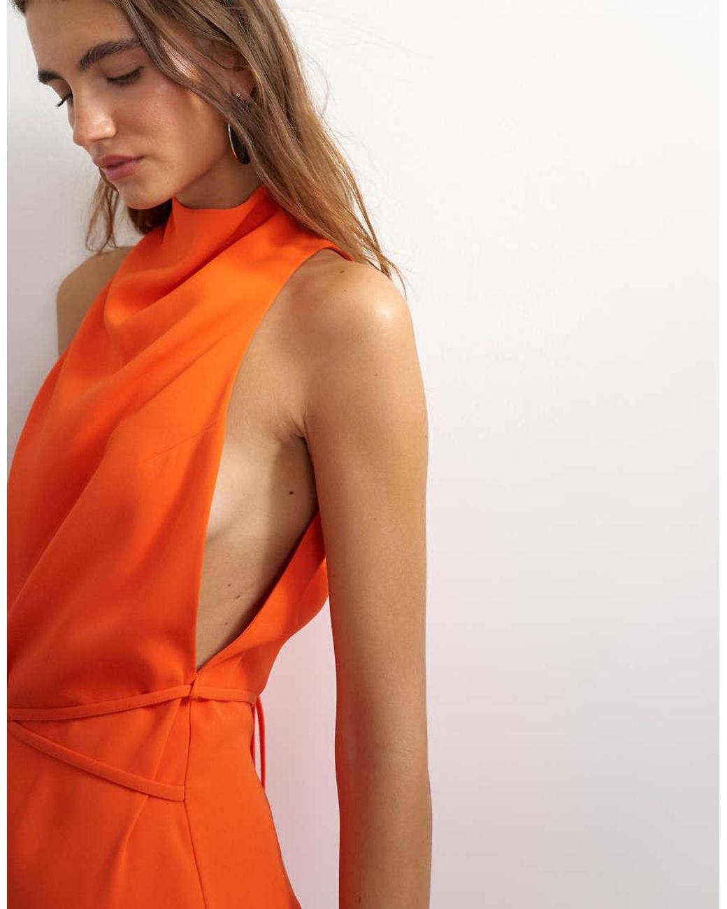 TOPSHOP Orange Heavy Crepe High Cowl Neck Mini Dress With Tie Waist