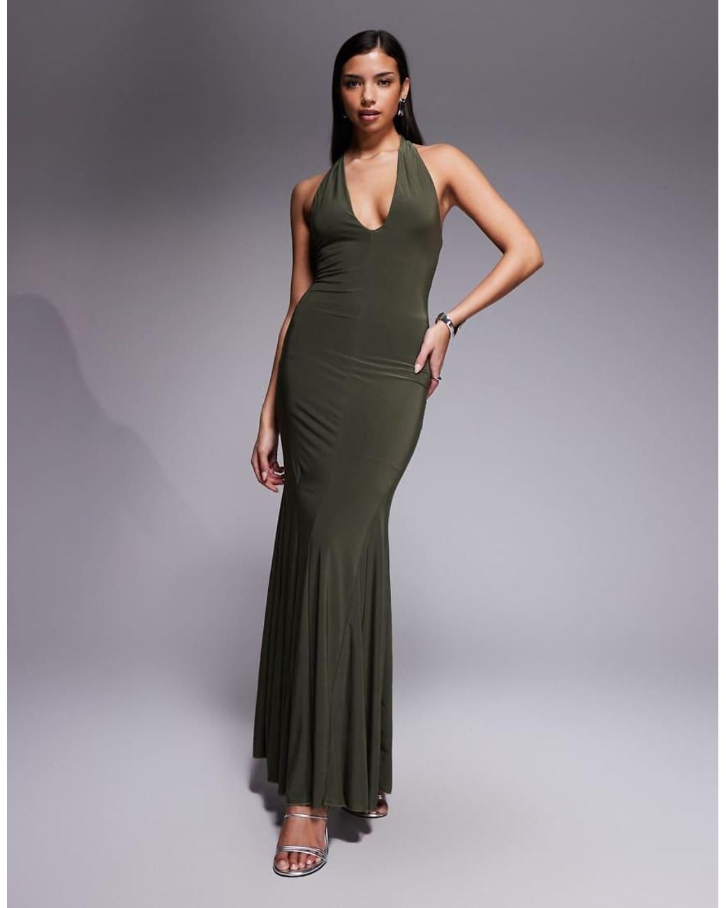 Fashionkilla Gray Exclusive Double Sculpted Slinky Plunge Halterneck Godet Hem Maxi Dress