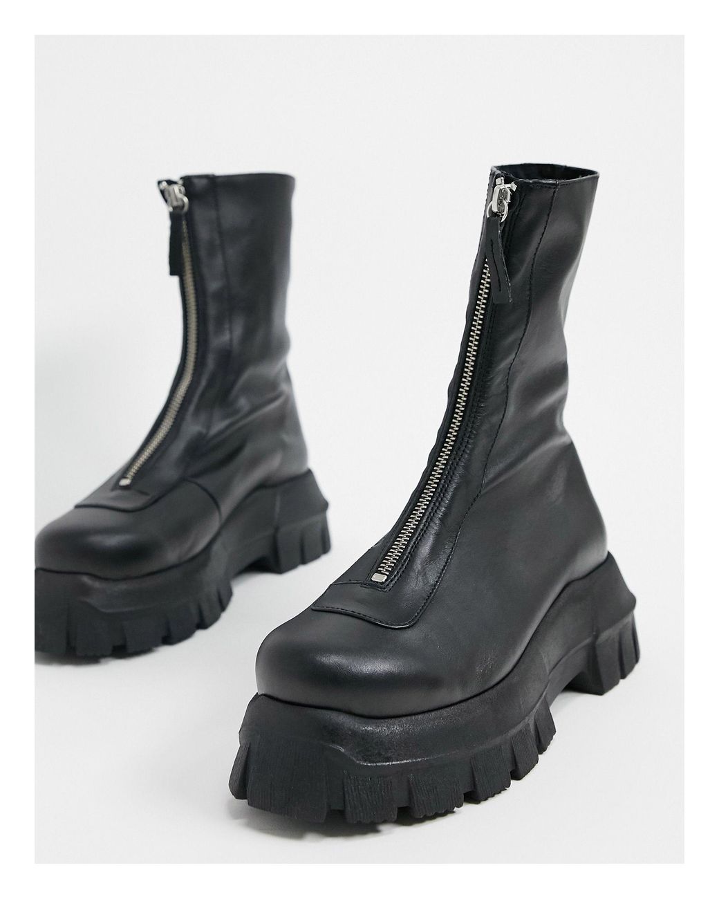 ASOS Apricot Premium Leather Chunky Zip Front Boots in Black Lyst UK