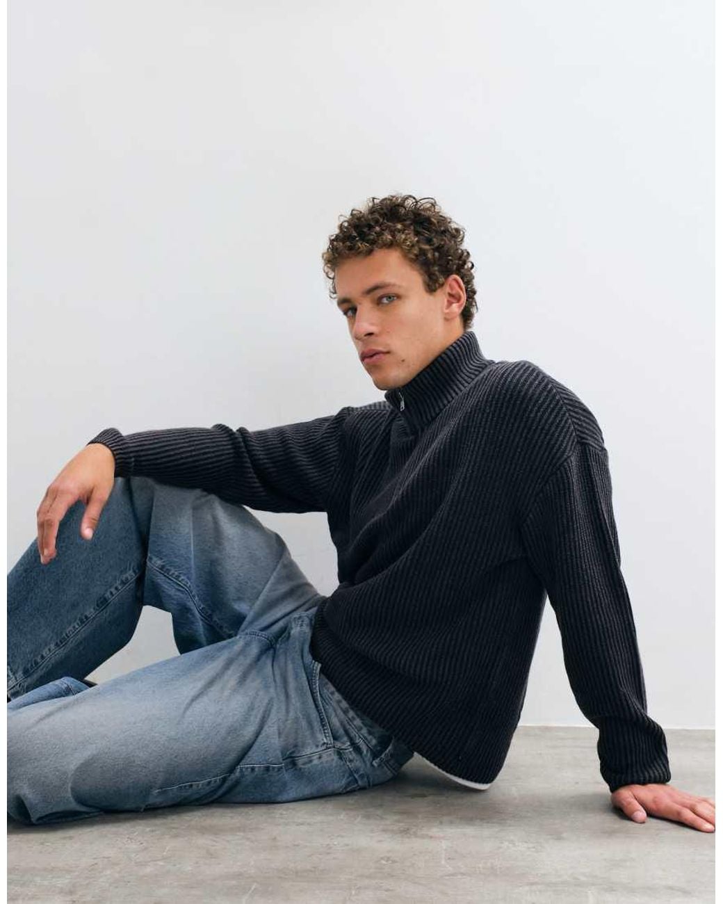 Hollister Blue Knitted 1/4 Zip Ribbed Jumper for men