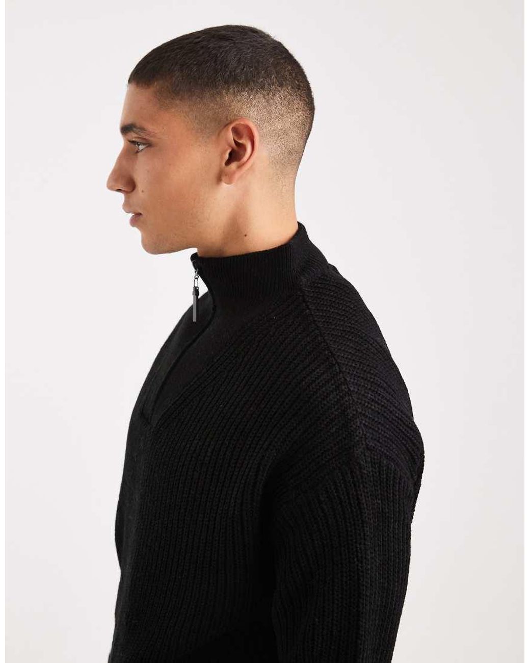New Look Black Fisherman Knit 1/4 Zip Sweater for men
