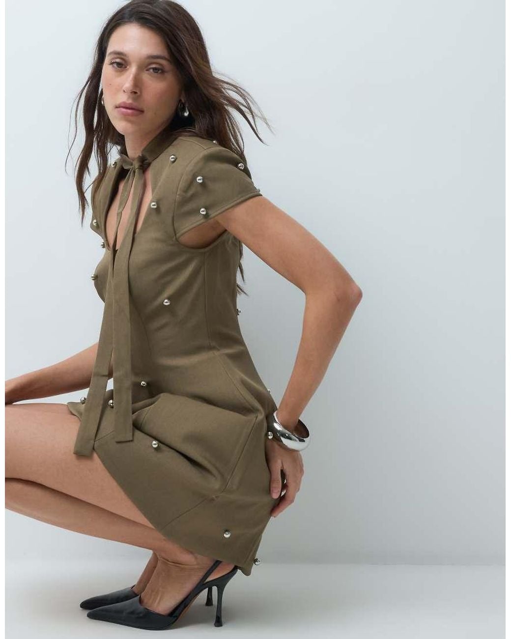 ASOS Green Structured Tie Neck Mini Dress With Stud Detail