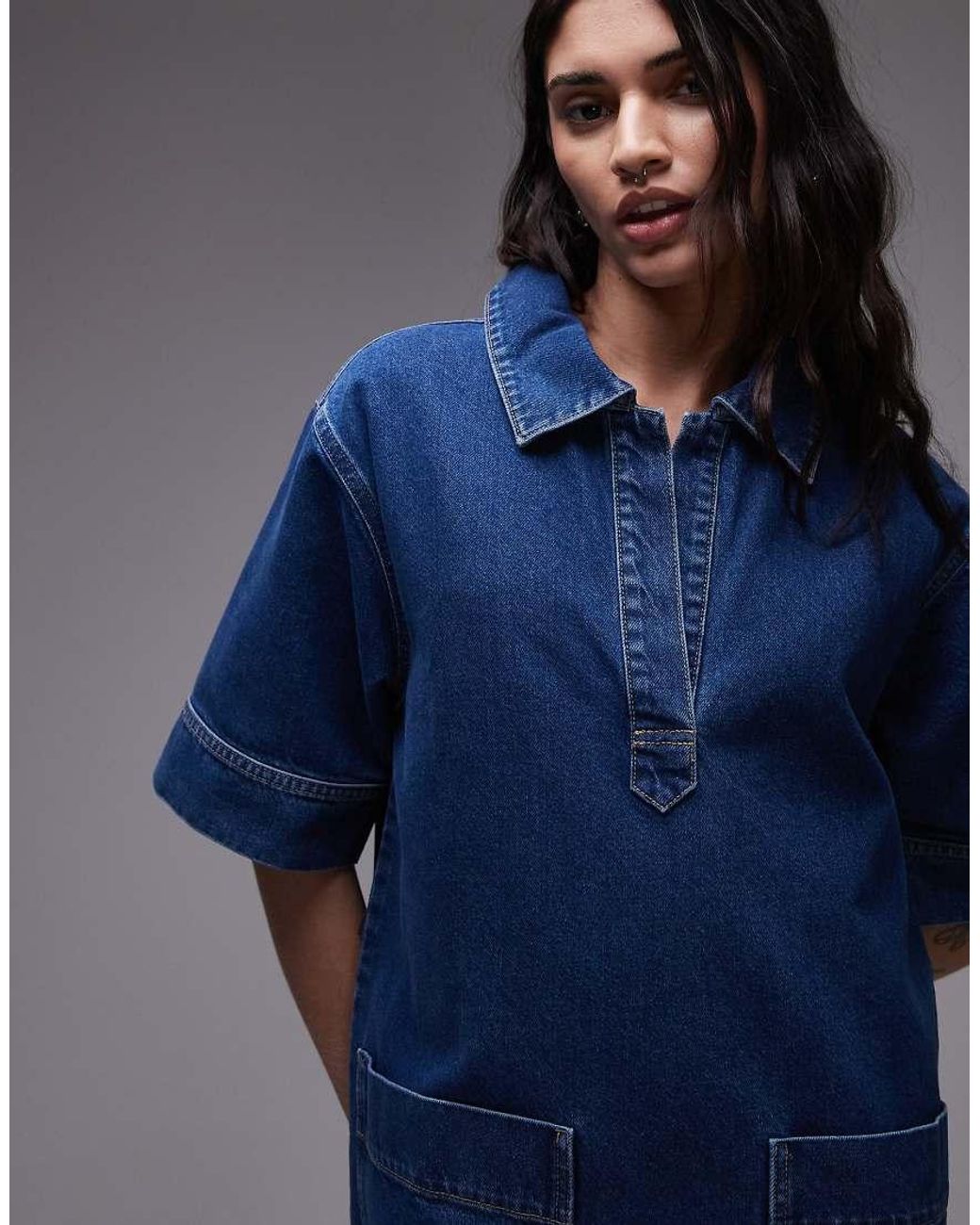 TOPSHOP Blue Denim Mini Pullover Short Sleeved Rugby Dress Mid