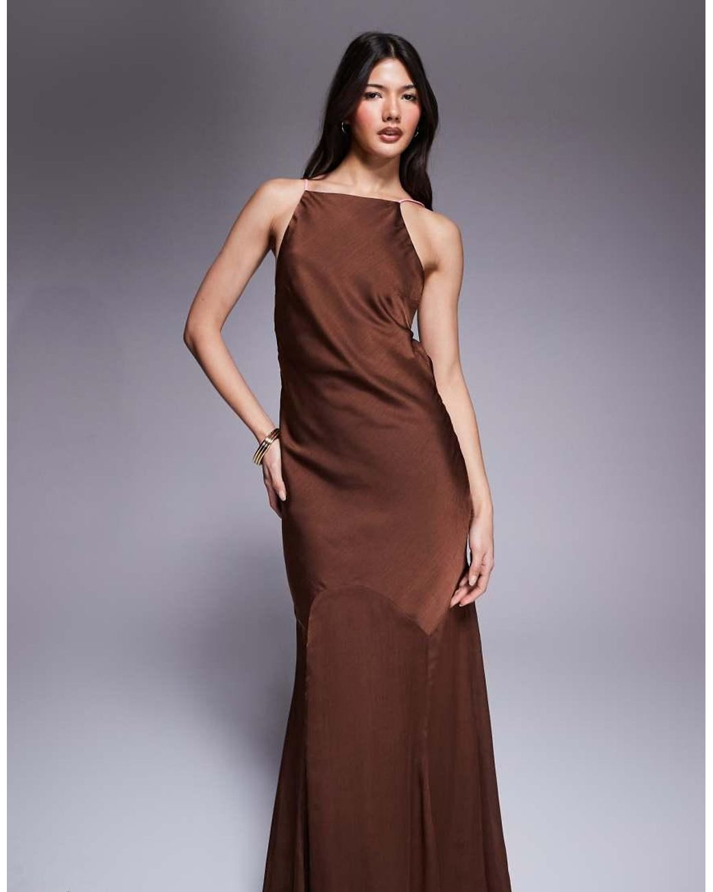 ASOS Brown High Neck Satin Bias Fishtail Maxi Dress