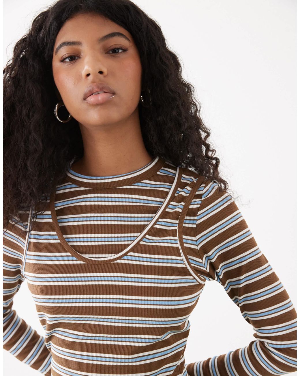Collusion Gray Long Sleeve Double Layer Striped Top