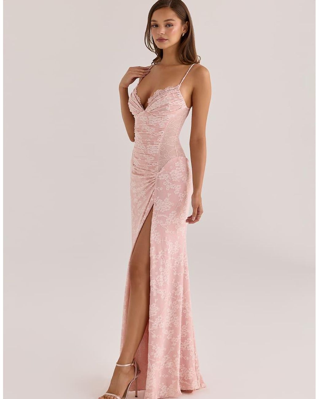 House Of Cb Pink Sabrine Blush Floral Crystal-Embellished Lace Trim Maxi Dress