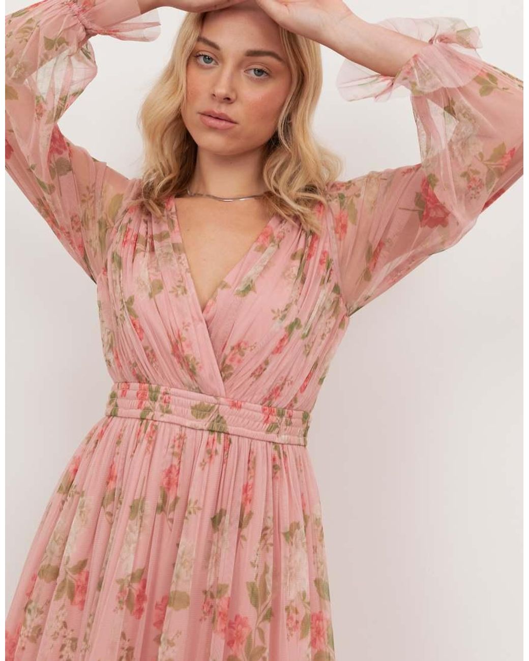 ANAYA Pink Floral Print Faux Wrap Long Sleeve Midaxi Dress