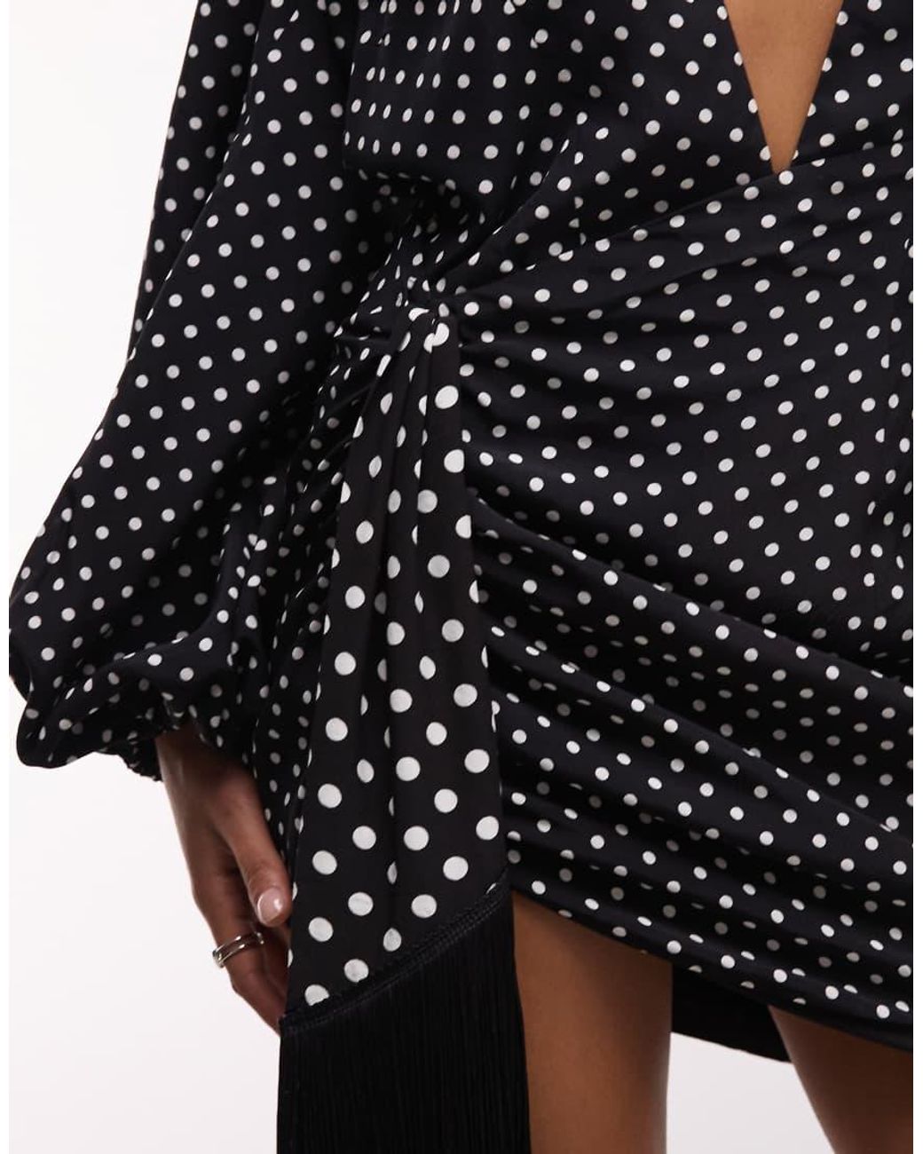 The Dolls House Black Beaudelle Premium Plunge Neck Balloon Sleeve Drape Tassel Detail Mini Dress
