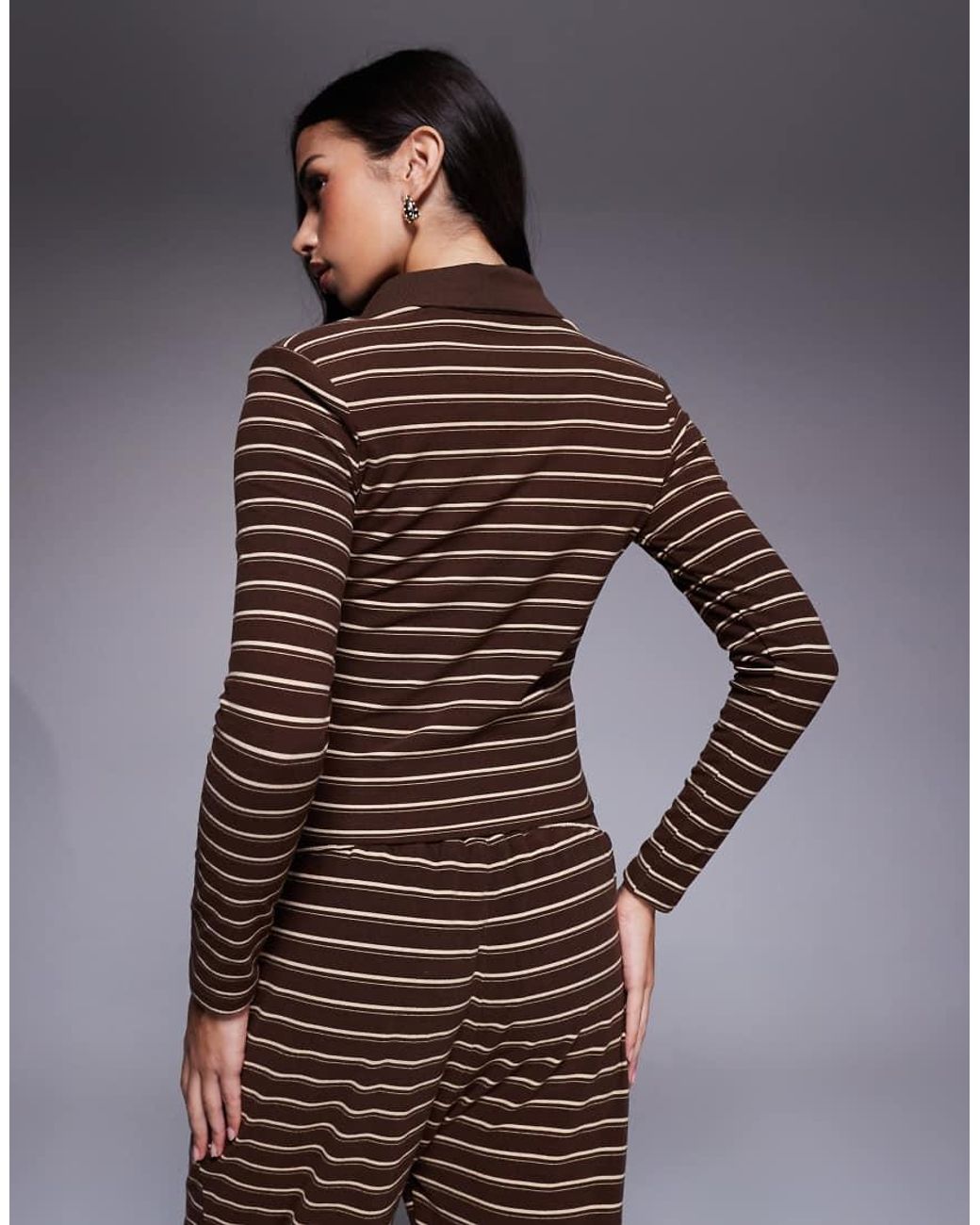Wanderdoll Brown Frankie Premium Heavyweight Jersey Collar Detail Long Sleeve Polo Top Co-Ord