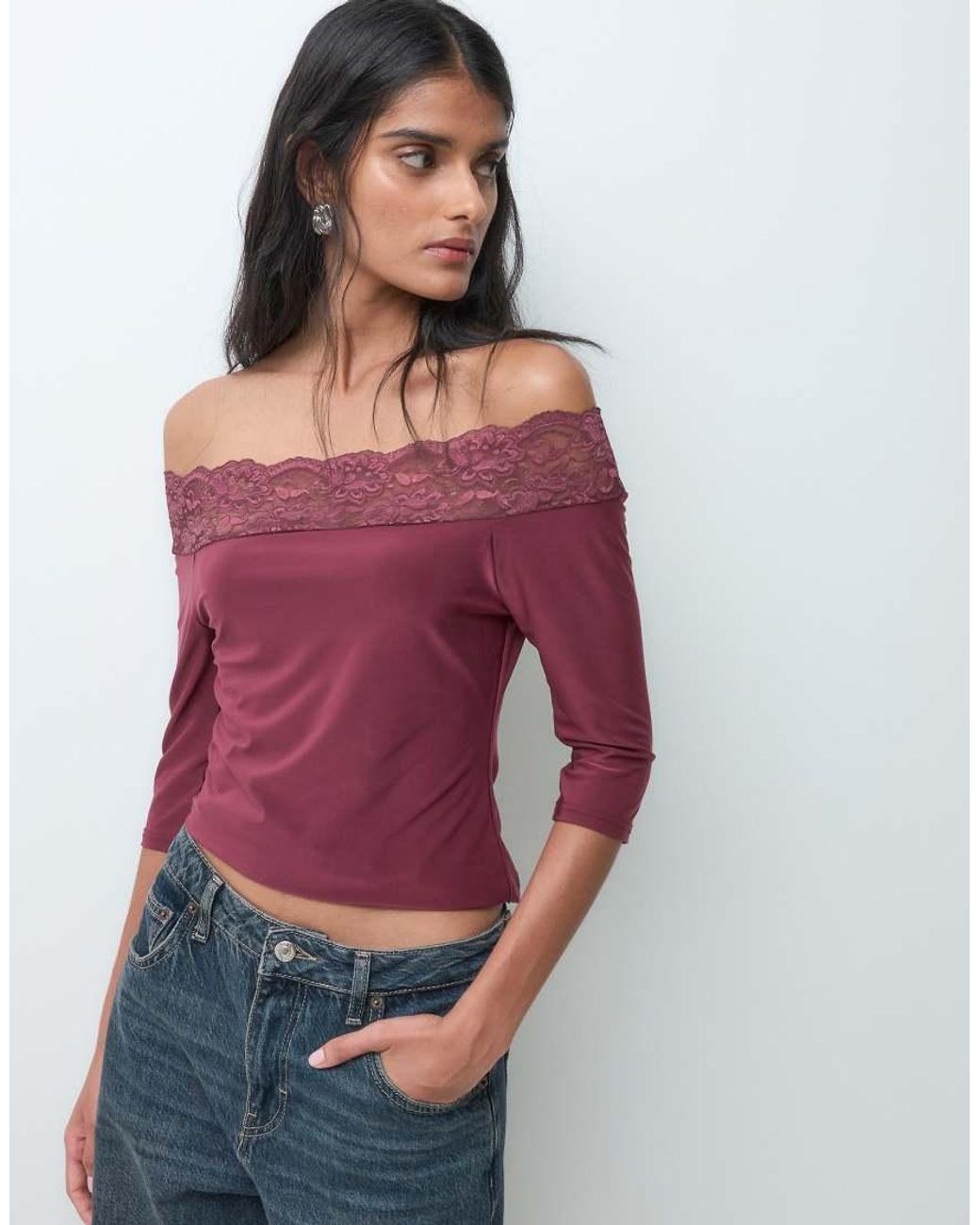 Miss Selfridge Purple Bardot Top With Lace Trim