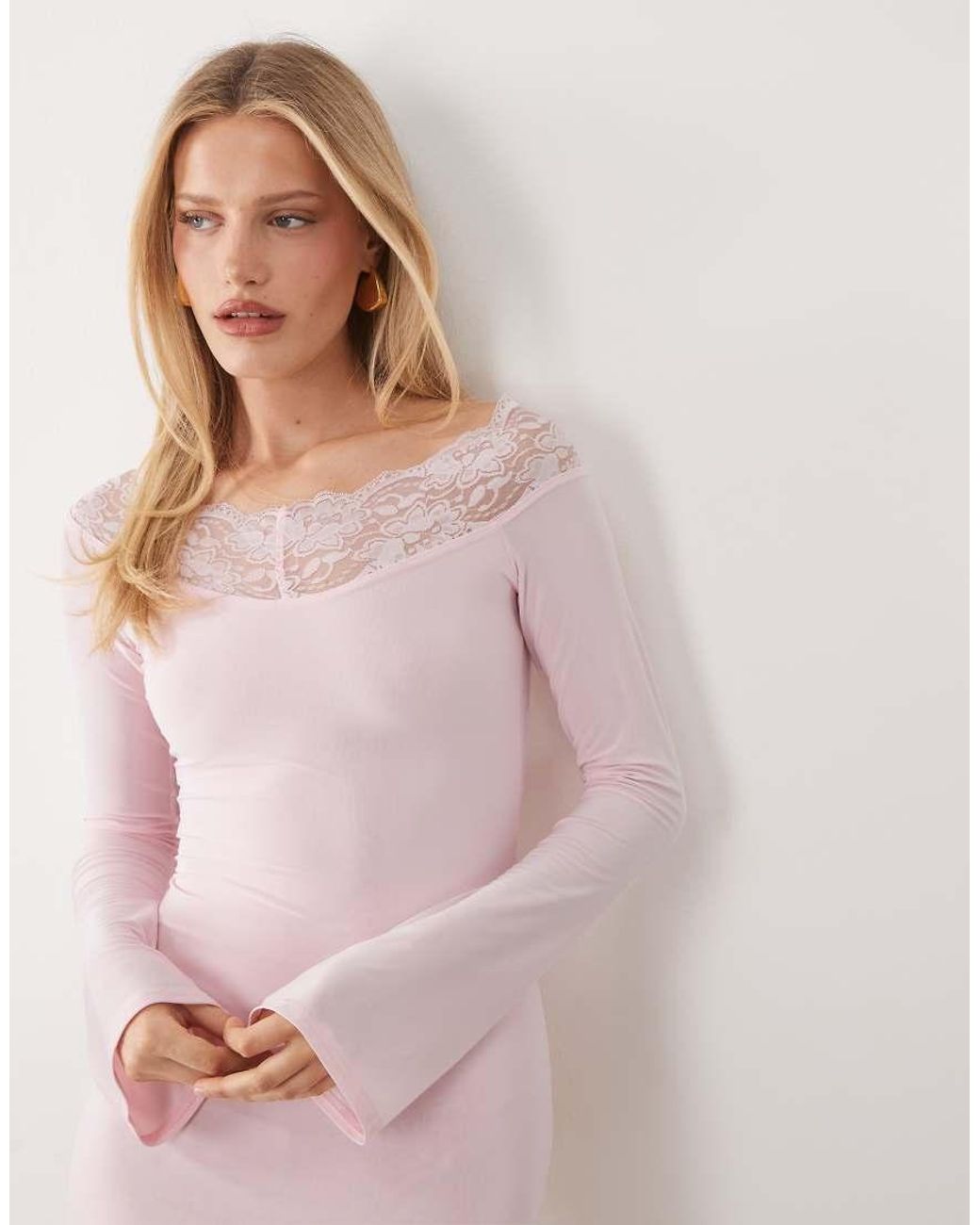 Fashionkilla Pink Exclusive Slinky Lace Trim Bardot Flare Sleeve Mini Dress