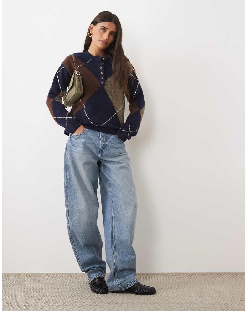 Nobody's Child Blue Henley Wool Mix Argyle Long Sleeve Collared Jumper