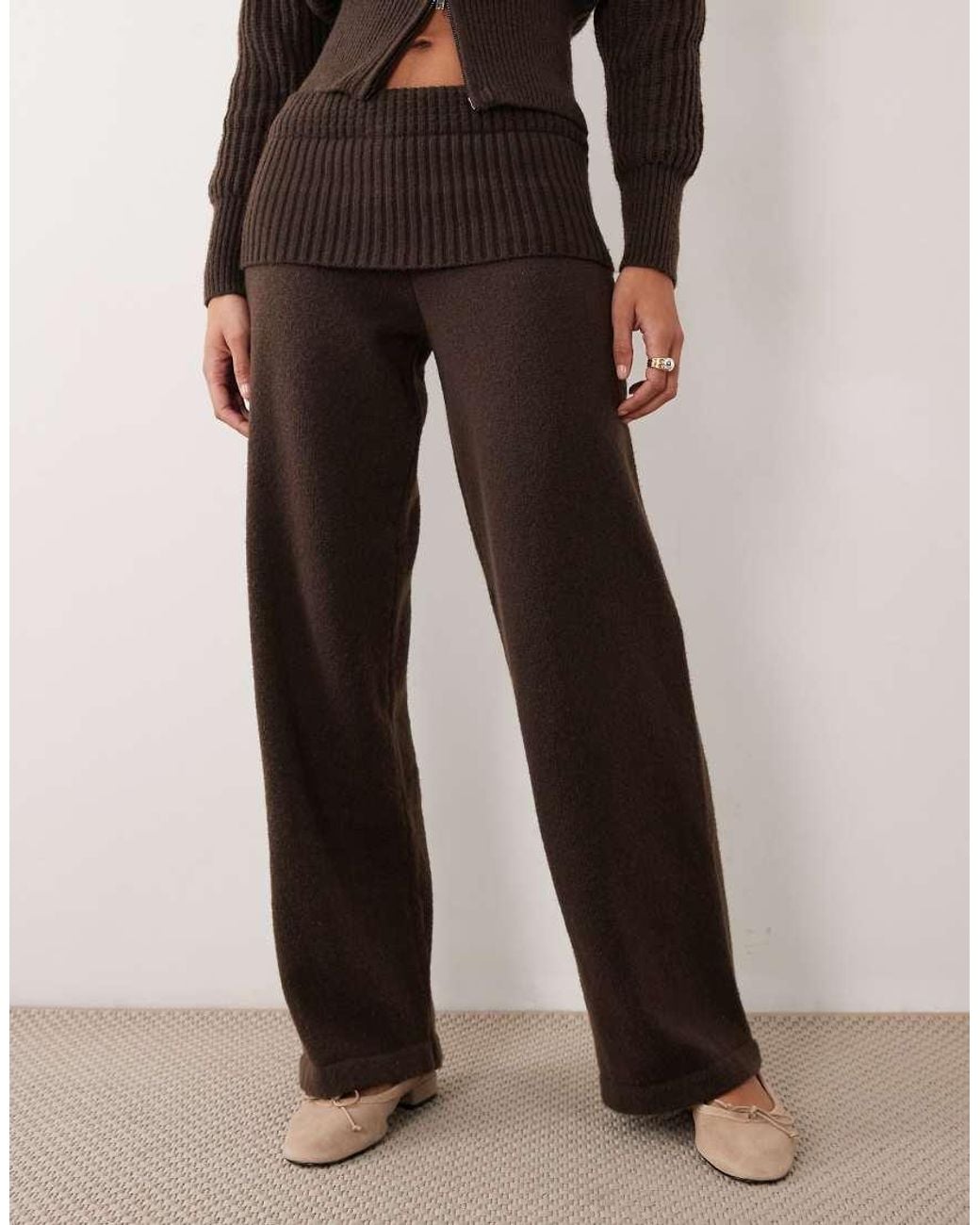 Aria Cove Natural High Waisted Fine Knit Wide Leg Trousers Co-Ord
